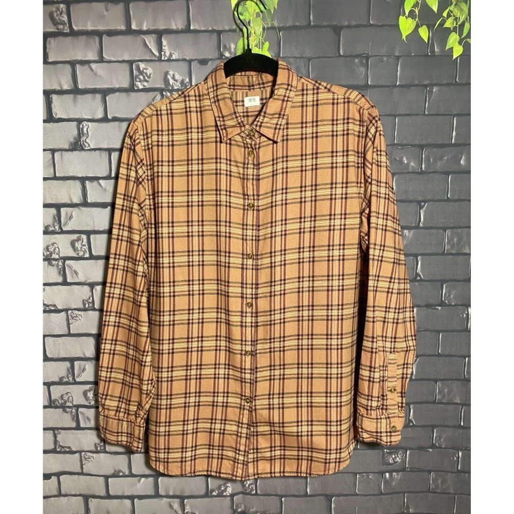 Uniqlo Brown Plaid 90's Comfy Long Sleeved Button Front Flannel Shirt L